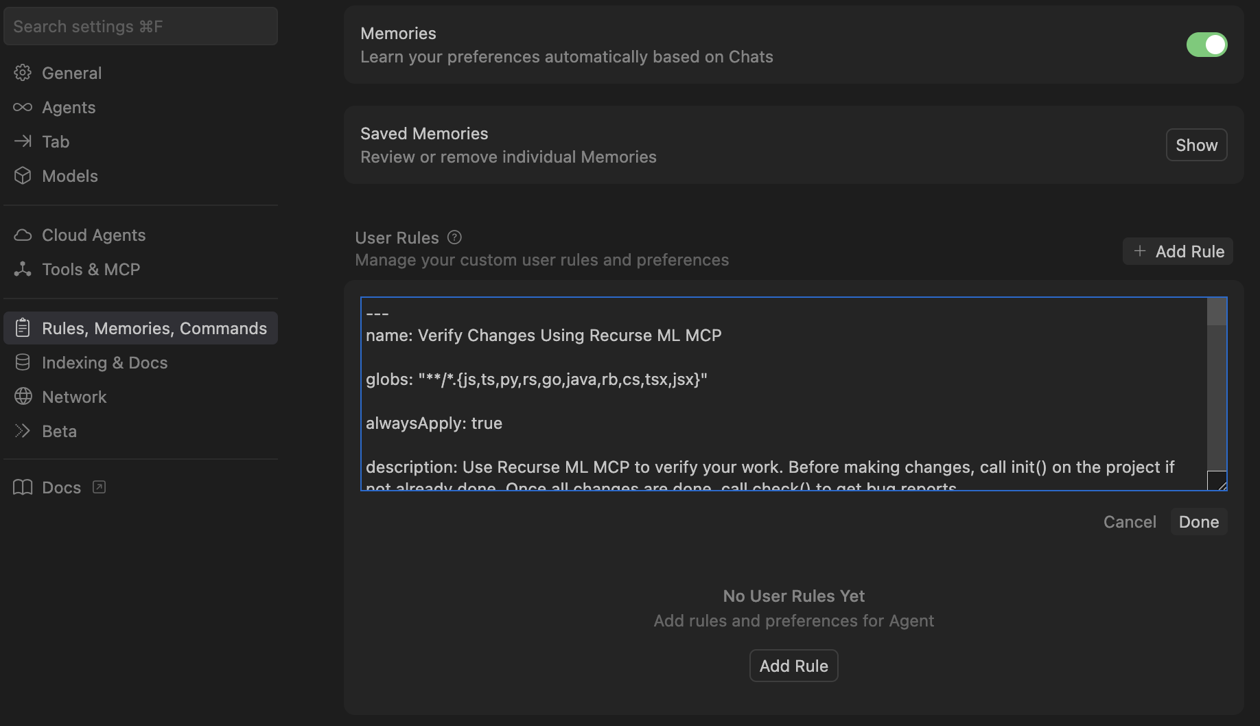 Cursor User Rule Example